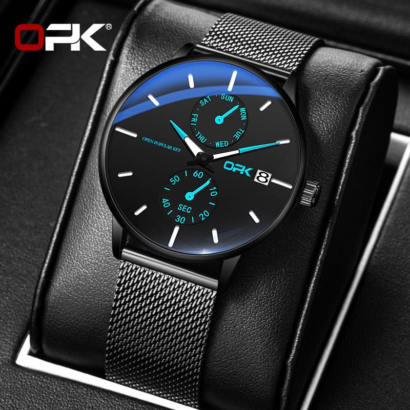 OPK 8116 Fashion Original Quartz Watch for Man Waterproof Luminous Steel Mesh Strap Date Week Man Wristwatch