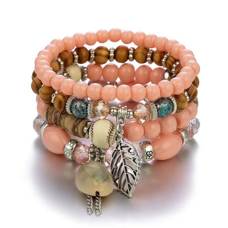 Bohemian Beaded Shell & Leaf Pendant Layered Bracelet Set