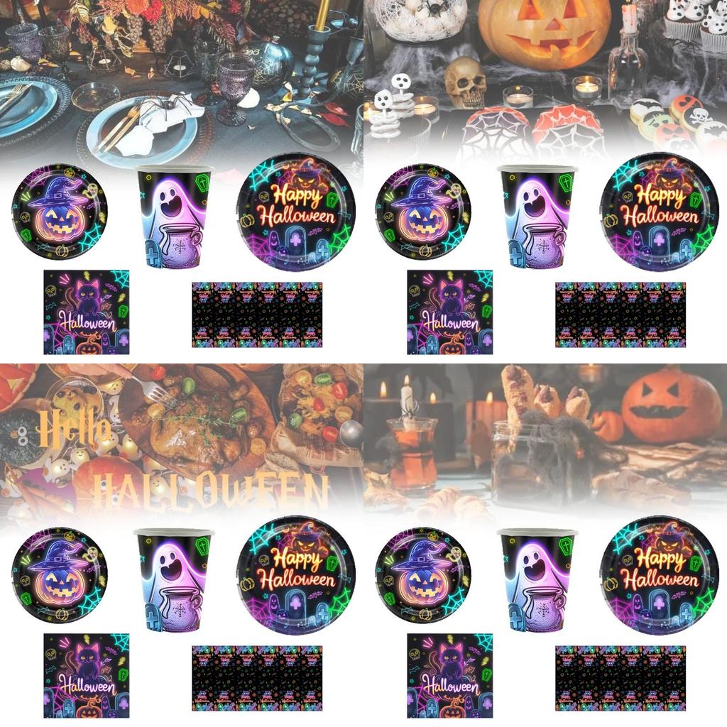 Bright Halloween Glow Disposable Party Supplies Set For 12 Featuring Paper Plates Cups Napkins And Tablecloth