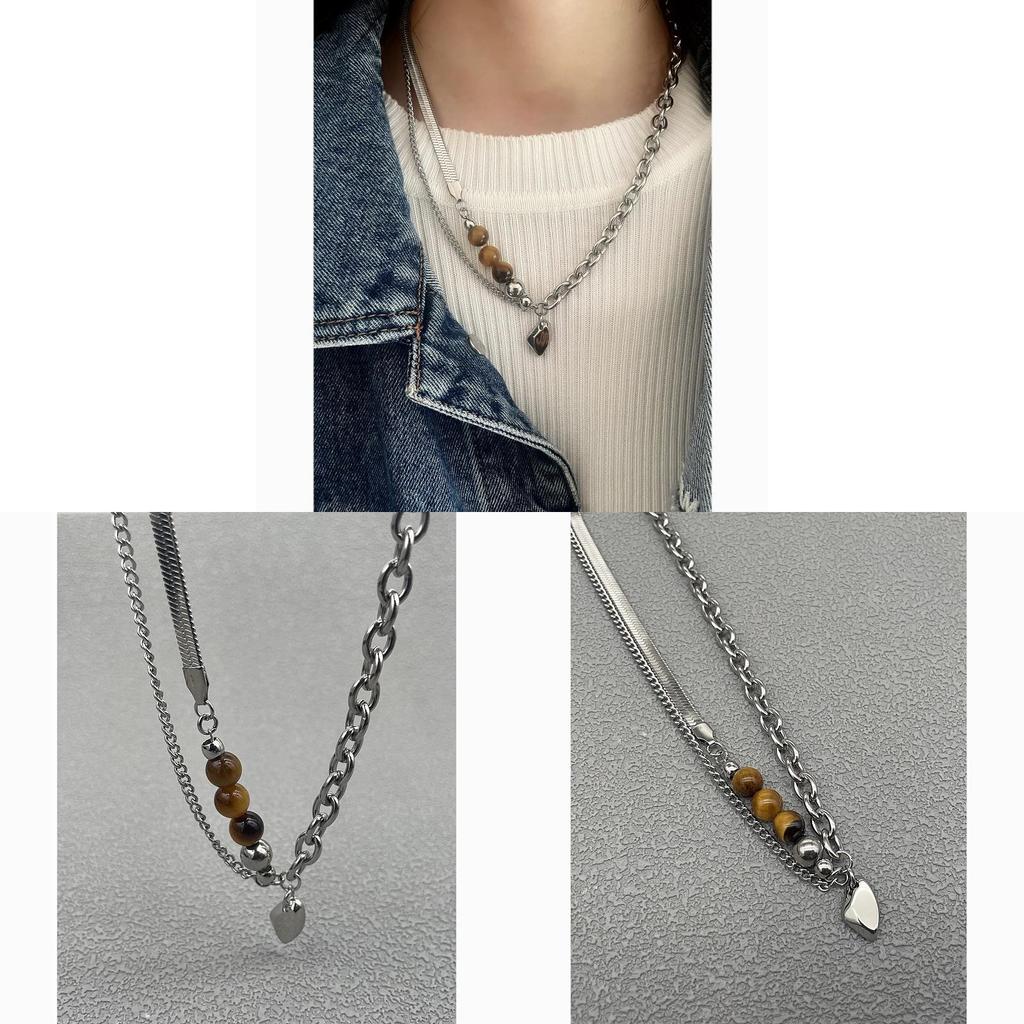 Modern Asymmetric Collar Chain With Tiger Eye Stones And Titanium Pendant For Unisex