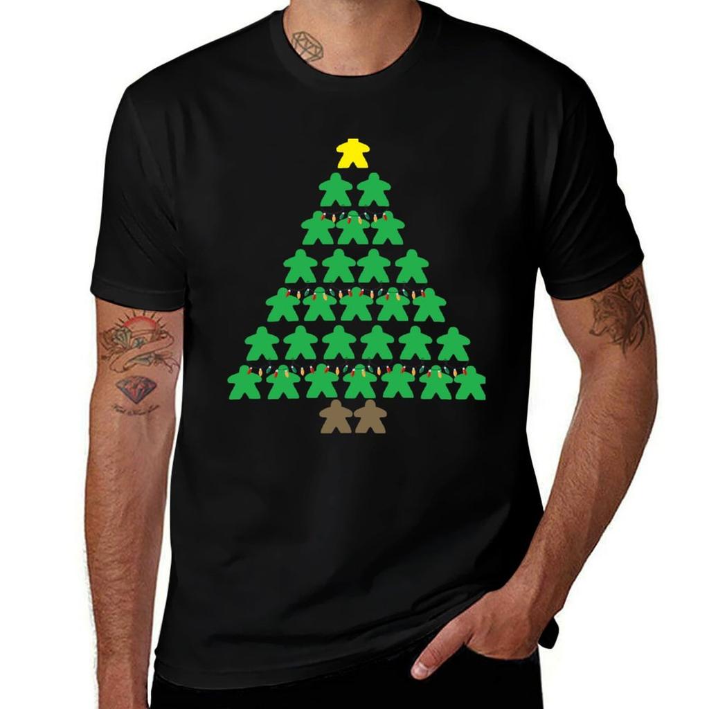 Christmas Tree Meeples with Lights Tabletop Black Background T-Shirt T Shirt Custom Print Cotton T Shirts High Quality T-Shirt