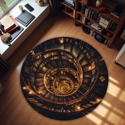 3D Effect Printed Spiral Staircase Round Carpet Vintage Castle Library Rug Medieval Style Home Decor Absorbent Non-Slip Doormat