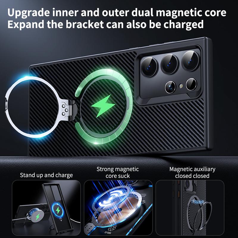 For Samsung Galaxy S24 Ultra Magnetic Case Carbon Fiber Texture Ring Kickstand Phone Cover