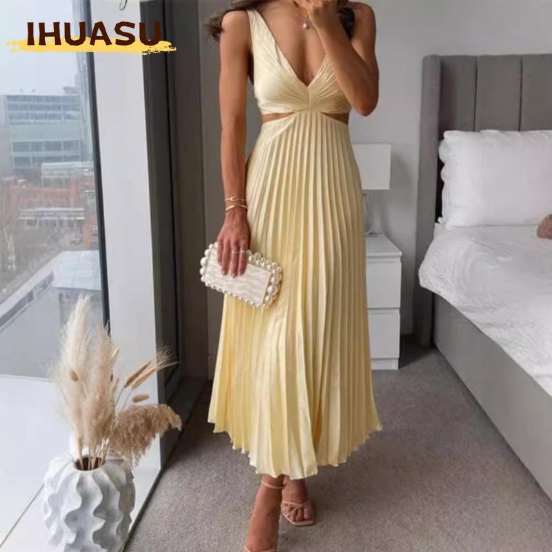 IHUASU Women's Fashion Summer Spring Solid Color Print Sleeveless V-Neck Casual Dresses
