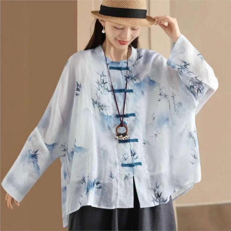 Chinese Style Bat Sleeve Shirt Vintage Women Blouse Floral Print Spring Top Loose Stand Button