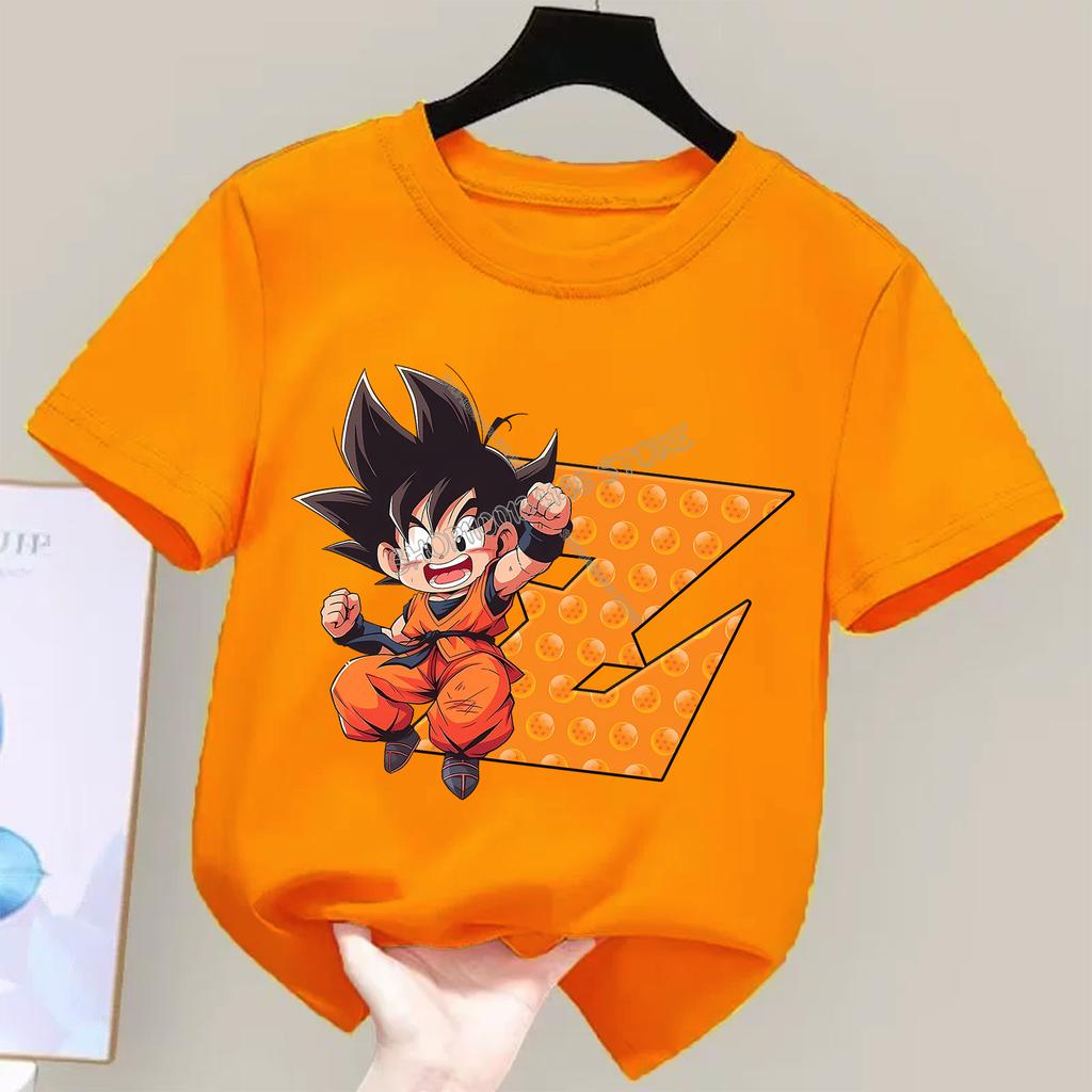 Dragon Ball Goku T-shirt for Children Cartoon A-Z Letters Tee Top Boys Girls Orange Clothes New Kids Short Sleeve Clothing Gift
