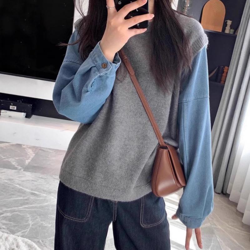 New Round Neck Denim Sleeve Patchwork Knit Sweater - Casual, Loose Fit, Lazy Style for Autumn/Winter