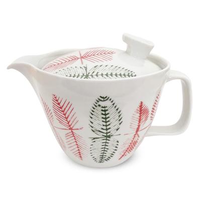 Kunzan Brennofen Teekanne mit Sieb, 385 ml Fassungsvermögen, Serviert 2-3, Hasami-Ware, Hergestellt in Japan, Blattmuster, Rot, Größe L