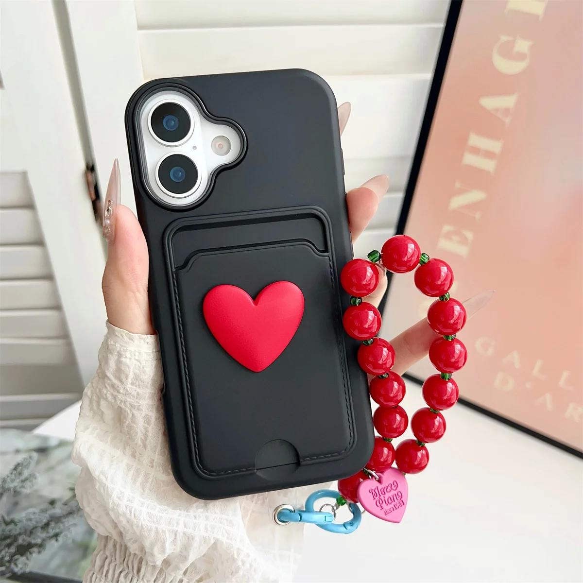 

3 in 1 Soft Silicone with Card Holder Wrist Strap Phone Case For Apple iPhone 11 12 13 14 15 16E 16 Pro Max Plus Cover Heart iPhone 15