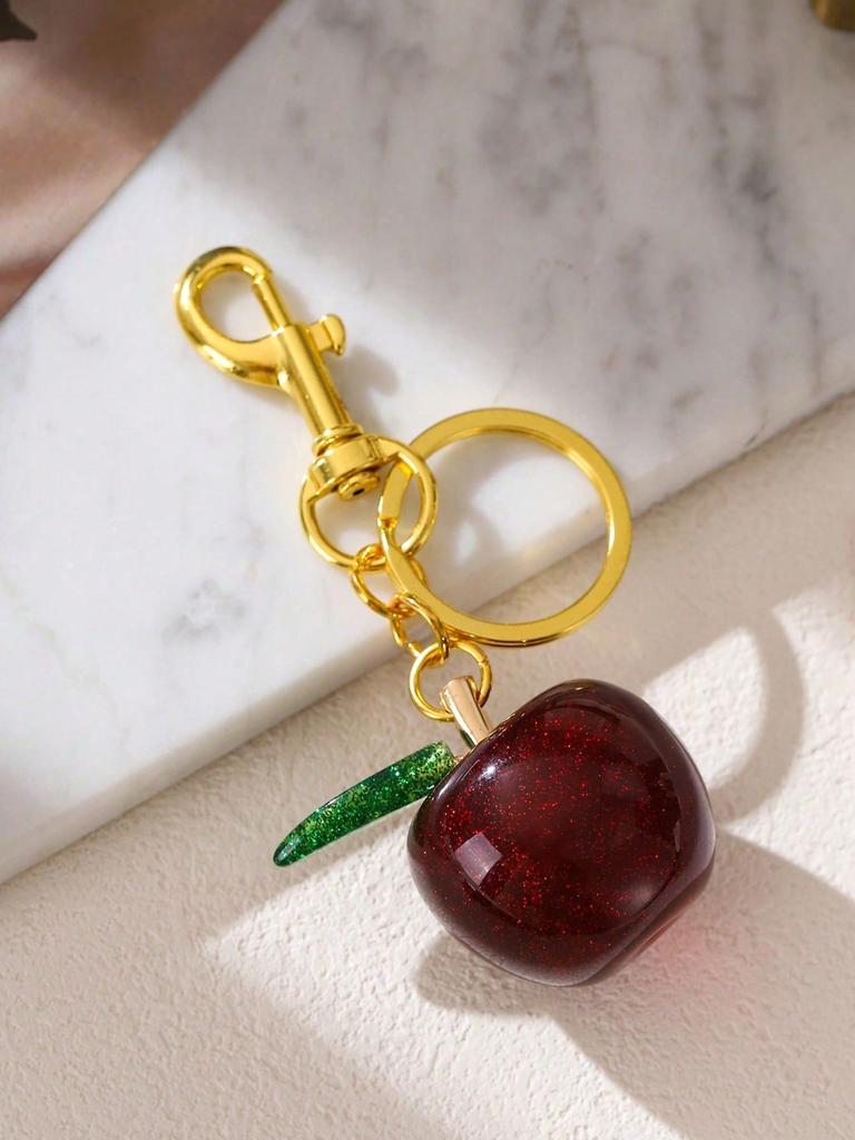 1 Stück Mode Schlüsselanhänger Apfel aus Harz mit goldfarbener Metallkette und Ring - Helle rote Apfelanhänger, Geeignet für Damenhandtasche