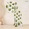 Women Plus Size Crew Neck Turquoise Gradient Palm Printed Batwing Sleeve Ruffle Hem Top Fishtail Skirt Two Piece Set