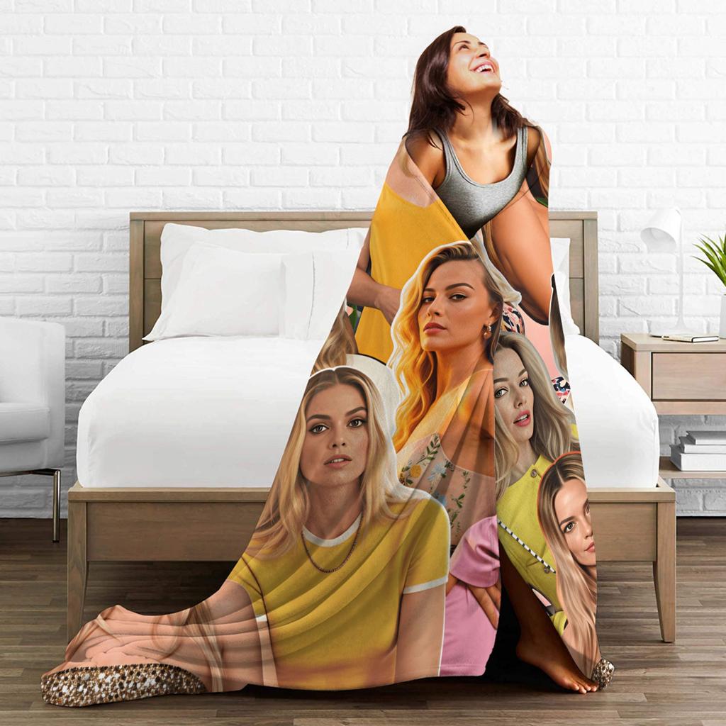Margot Robbie Collage Bedding Throws Cozy Graphic Blanket For Living Room Picnic Flannel Bedspread Bed Cover