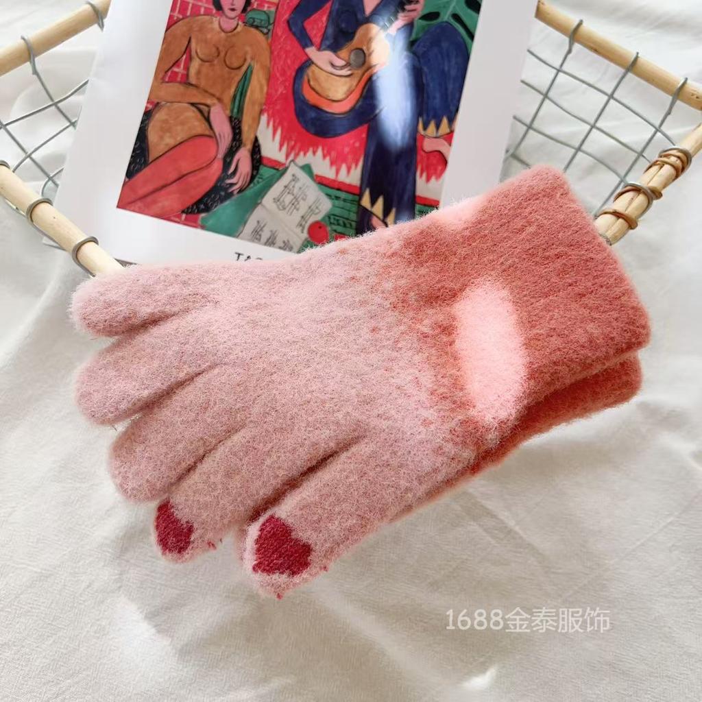 Christmas Wind Five-finger Gloves Cute Girl 25 Winter New Touch Screen Knitted Velvet Thickened Antifreeze Warm Gloves