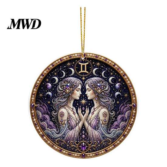 Durable Acrylic Decor 2D Flat Pearl Painting Ornament, Double Sided Zodiac Theme Hanging Gem Valentine Day Gift Art Craft, Rhinestone Beads