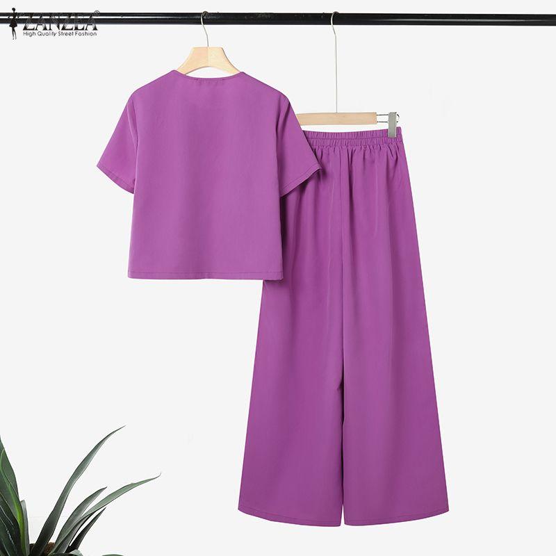 ZANZEA Damskie bluzki z krótkim rękawem i spodnie, casualowe dwuczęściowe zestawy garniturowe