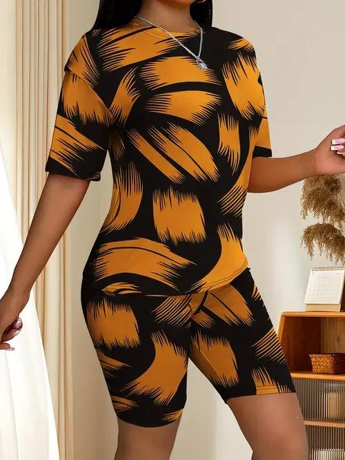 1116 New Casual Loose Fashion High Quality Printed Crew Neck Pullover Short Sleeve Set