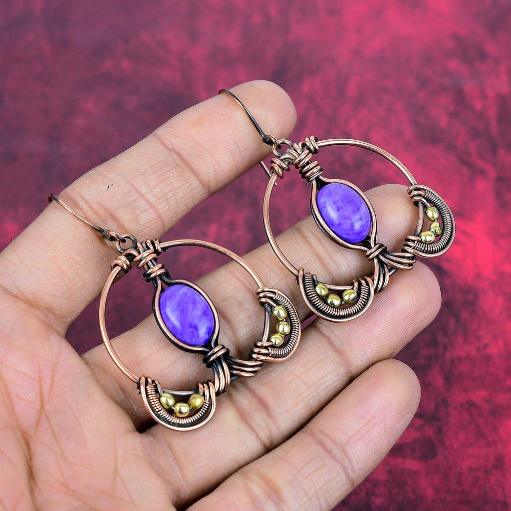 Charoite earring copper wire wrapped earrings gemstone earring Charoite jewelry handmade earring copper wire wrapped jewelry gifts for wife