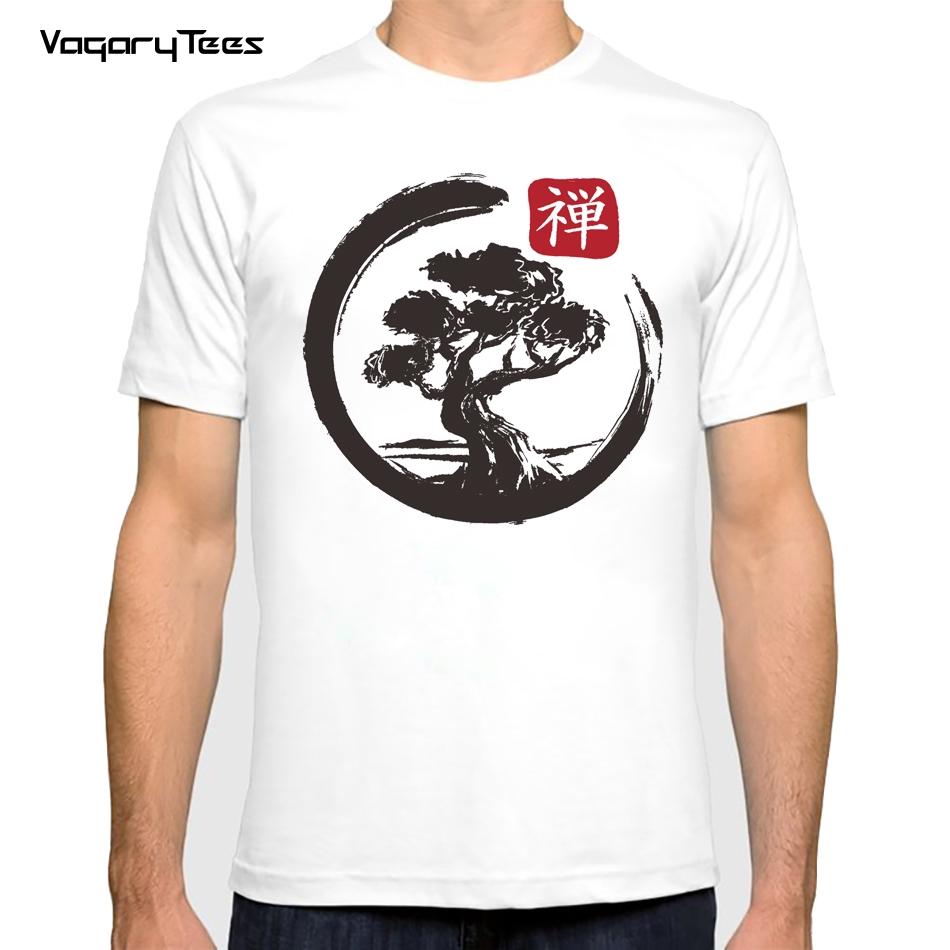 Funny Ink Zen Design White Retro Japan Bonsai Tree print T-Shirt Summer Men Short Sleeve Hip Ho
