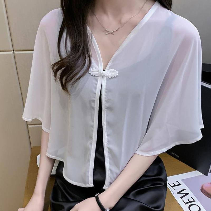 Women'S Summer Cloak Chiffon Scarf Waistcoat Loose Sunscreen Shawl Cheongsam Dress Button Blouse Shoulder Fake Collar Cape T90