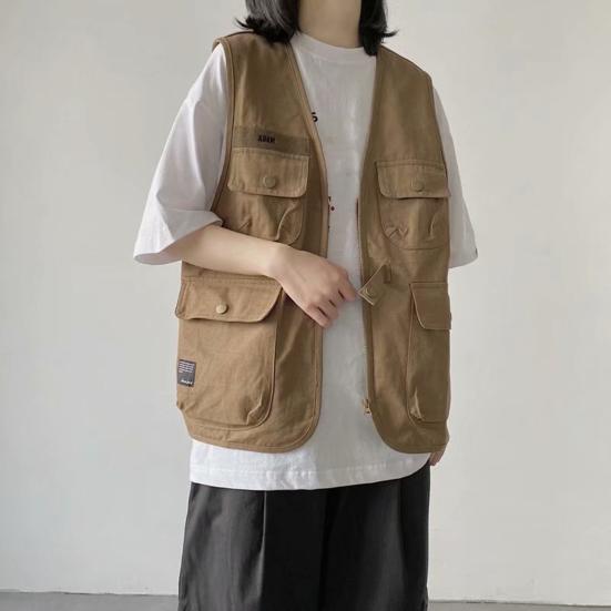 Unisex ležérní vesta bez rukávů s mnoha kapsami design vesta kabát zip knoflíky zapínání bunda cargo