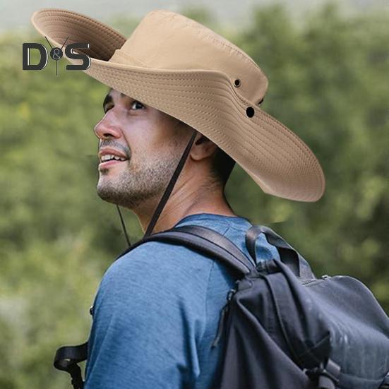 Men Fisherman Hat Flat Top Wide Brim Breathable Sun Hat Adjustable Windproof Drawstring Sun Protection Hat