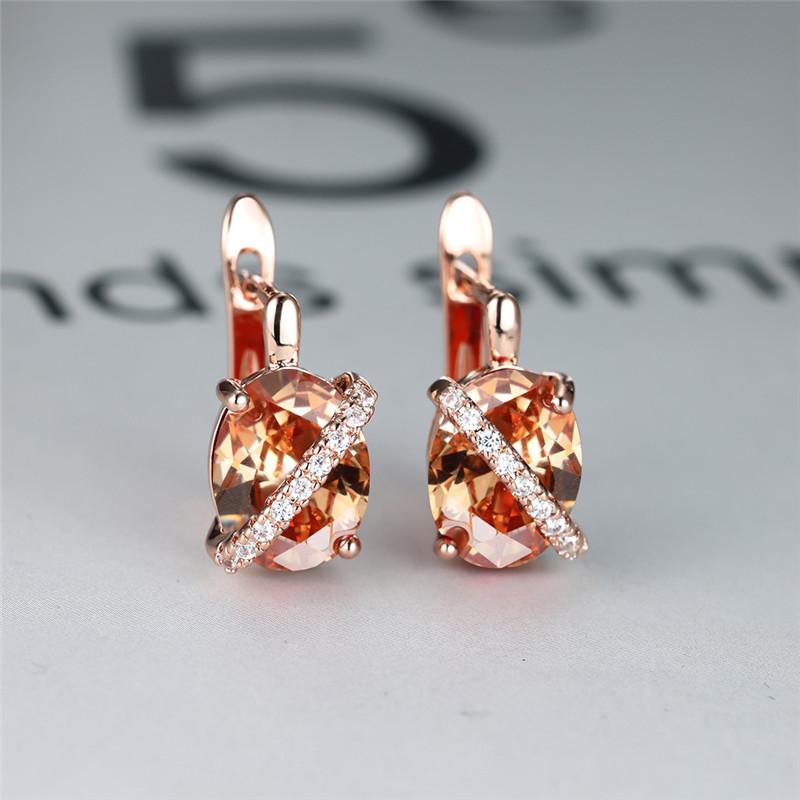 Cute Female Big Oval Stone Earrings Luxury Crystal Blue Purple Hoop Earrings Rose Gold Silver Color Wedding Earrings For Women