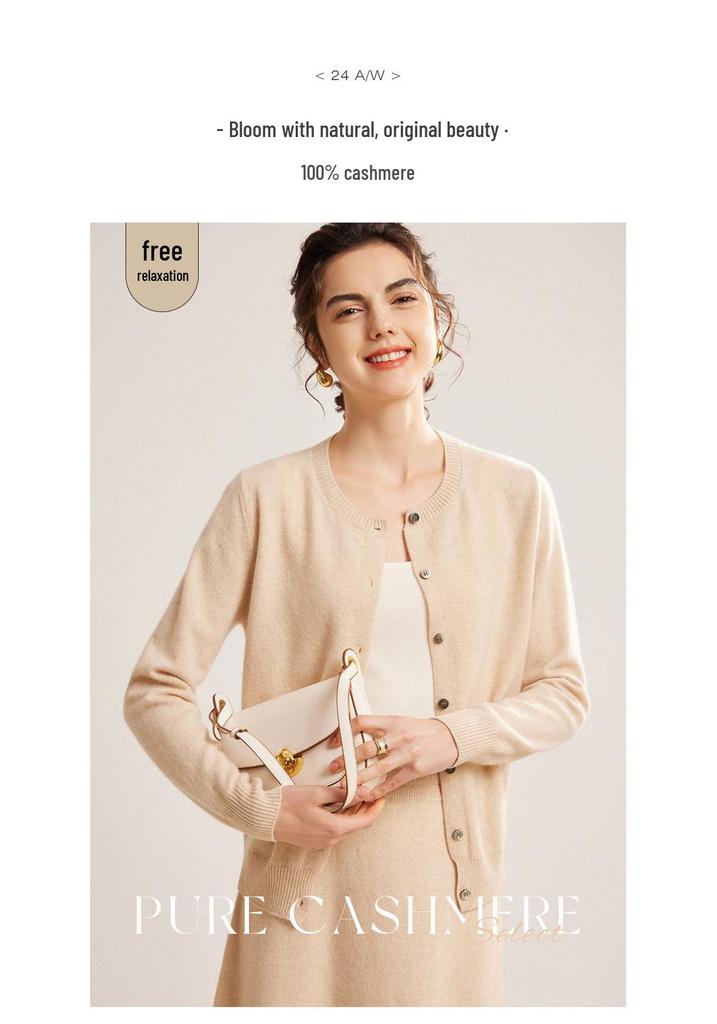 Mengyi Women's Pure Cashmere Round Neck Cardigan - Solid Color, Loose Fit, Warm Knit Outerwear for Spring/Autumn