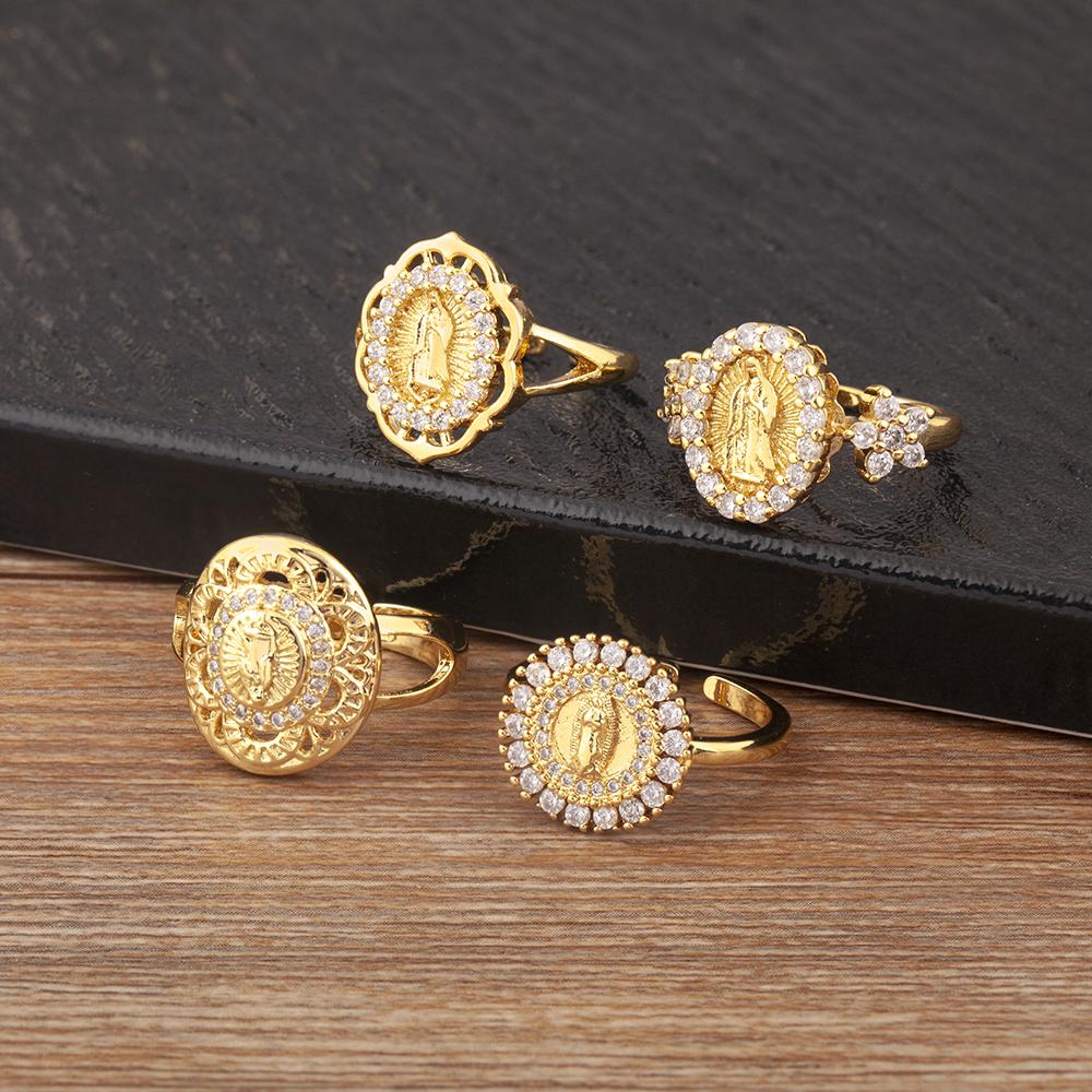 Nidin New Retro Round/Oval Shape Virgin Mary Charm Open Rings Adjustable For Women Men Shine Zircon Finger Jewelry Accessories