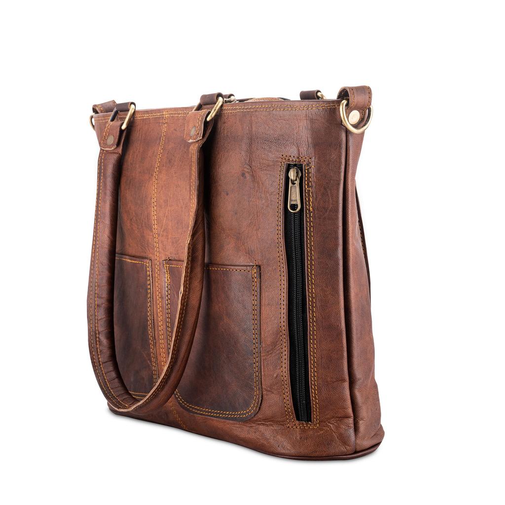 Personalized Brown Leather Crossbody Tote by Parrys Leather World, Vintage Full Grain Shoulder Bag, Durable Everyday Carry