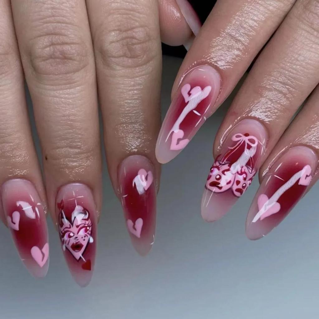 24Pcs Almond Press on Fake Nails Wearable Red Purple Blusher Halo Design False Nails Acrylic Full Over Simple Fashion Nail Tips