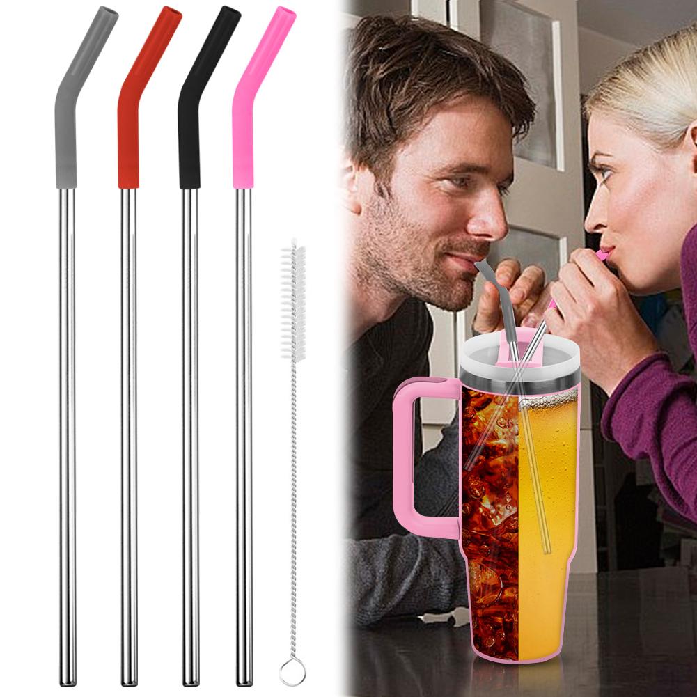4Pcs Long Metal Straw with Silicone Tips Cleaning Brush Stainless Steel Drinking Straw with Covers for Stanley 40oz Tumbler