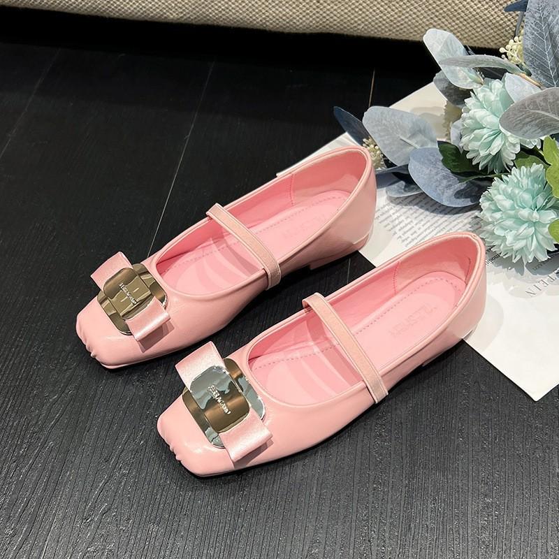 

Silver retro ballet shoes with square head and light bow single shoes, women s Mary Jane small leather shoes 40
