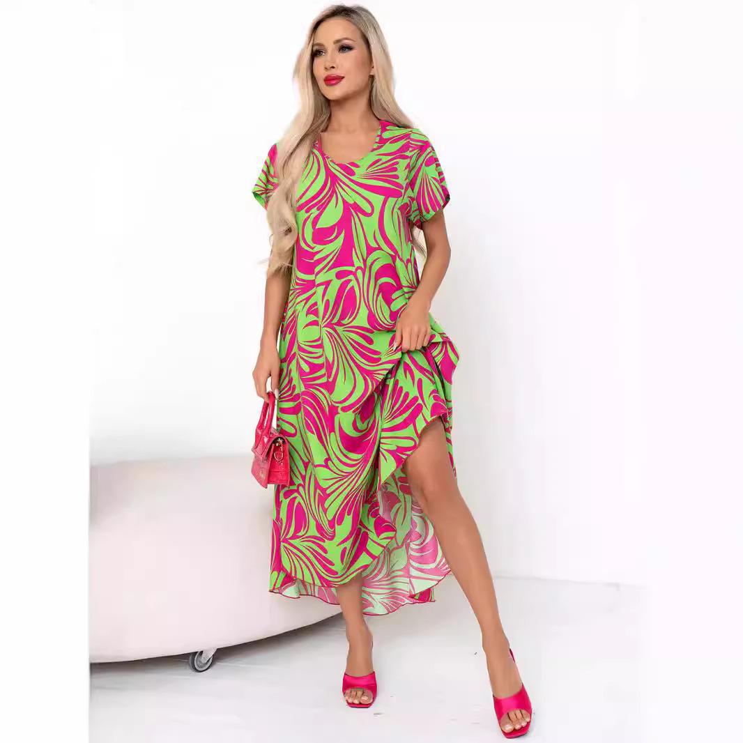 

Summer Round Neck Printed Short Sleeve Loose Plus Size Maxi Dress for Women Medium червоний