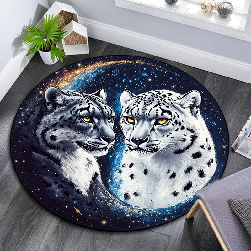 Snow Leopard Round Area Rug,Carpet Rug for Living Room Bedroom Sofa Playroom Decor,Non-slip Floor Mat