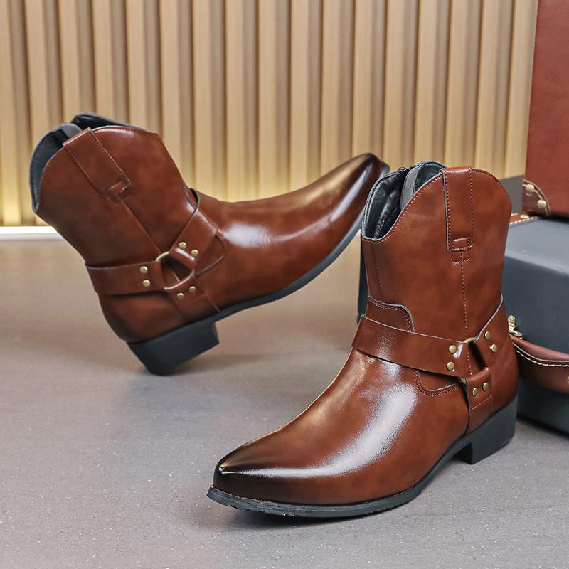 Fashion Men's Black Brown Pointed Punk Motorcycle Casual Ankle Boot Male Winter High Tops New Comfortable Chelsea Leather Shoes