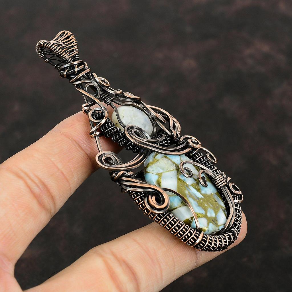 Copper Larimar Pendant Copper Wire Wrapped Pendant Rainbow Moonstone Pendant Copper Wire Wrap Jewelry Gift For Him Handmade Gemstone Jewelry