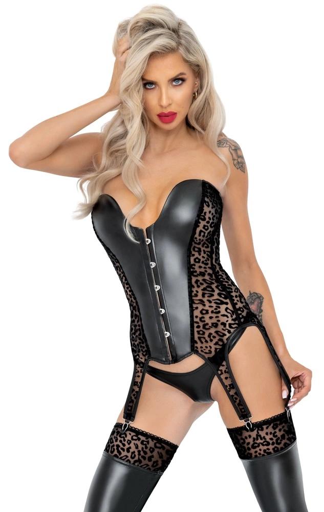 Noir - Sexy Leopard Print Corset with 6 Suspenders Black S