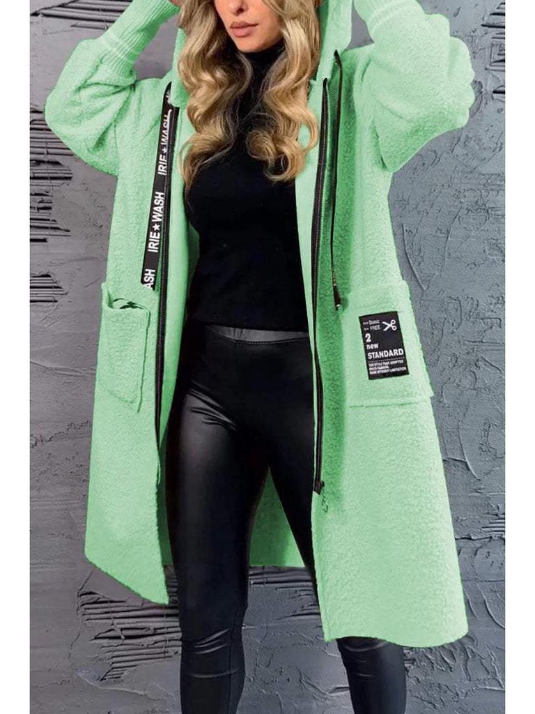 2024 Casual Lambswool Patchwork Letter Hooded Coat with Drawstring Zipper