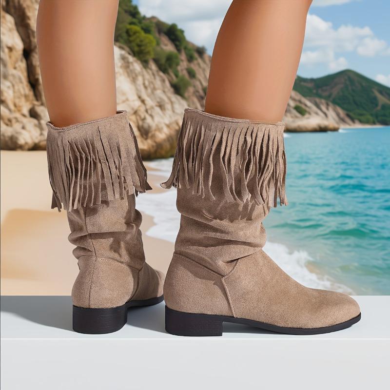 Botine cu ciucuri mate vintage, de toamnă, pentru femei, stil western, cu vârf rotund, tip pulover, cu talpă moale, antiderapante, cizme cu tub mediu