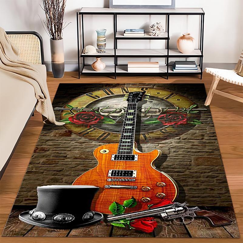 "Rock Style Carpet with Guitar, Hat, Roses, Pistol, and Clock Design" Suitable for use as an anti-slip for living room bedroom sofas