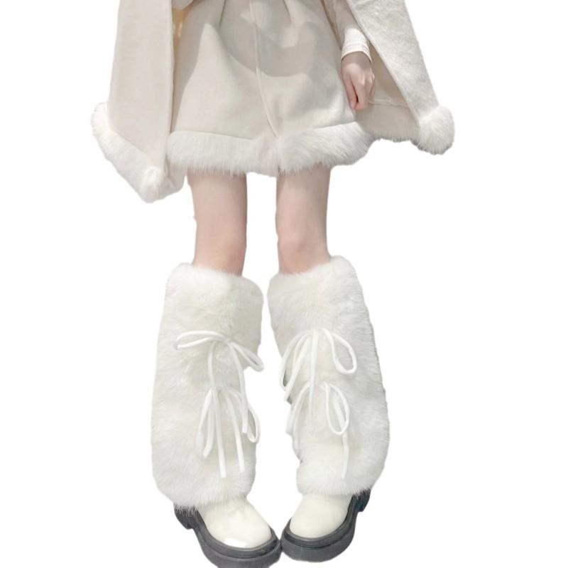 White Fuzzy Bow Tie Leg Warmers Women Cozy Mid-Calf Winter Socks With Soft Faux Fur Trim Breathable Sweat-Absorbent