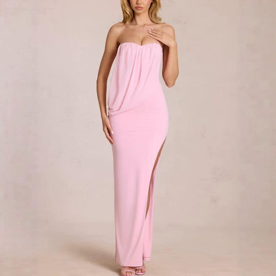 European and American Women's New Tube Top Off Shoulder Fashion Solid Color Tight Dress, Sexy Slit Party Dress Dress