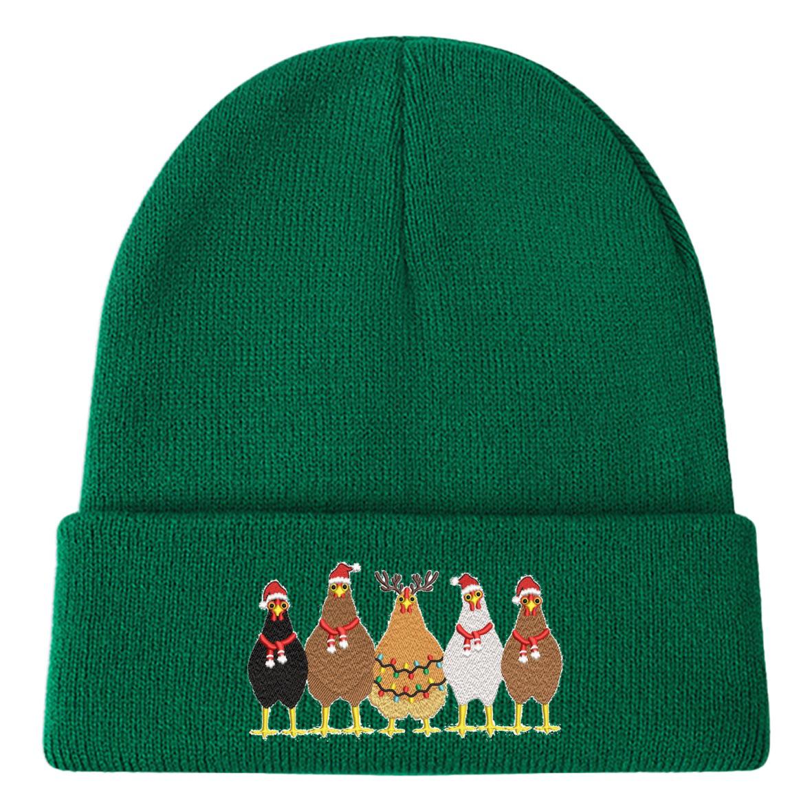 

Black Knit Beanie with Christmas Chicken Logo, Fleece-Lined and Warm зелений