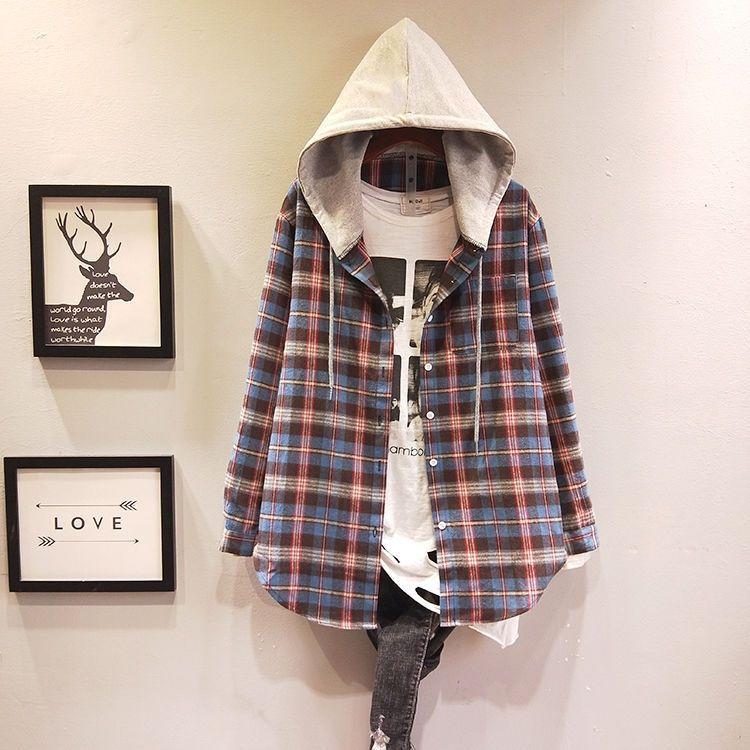 Spring Hooded Checkered Shirt For Women, Mid To Long Casual Versatile Loose Jacket For Women M синий
