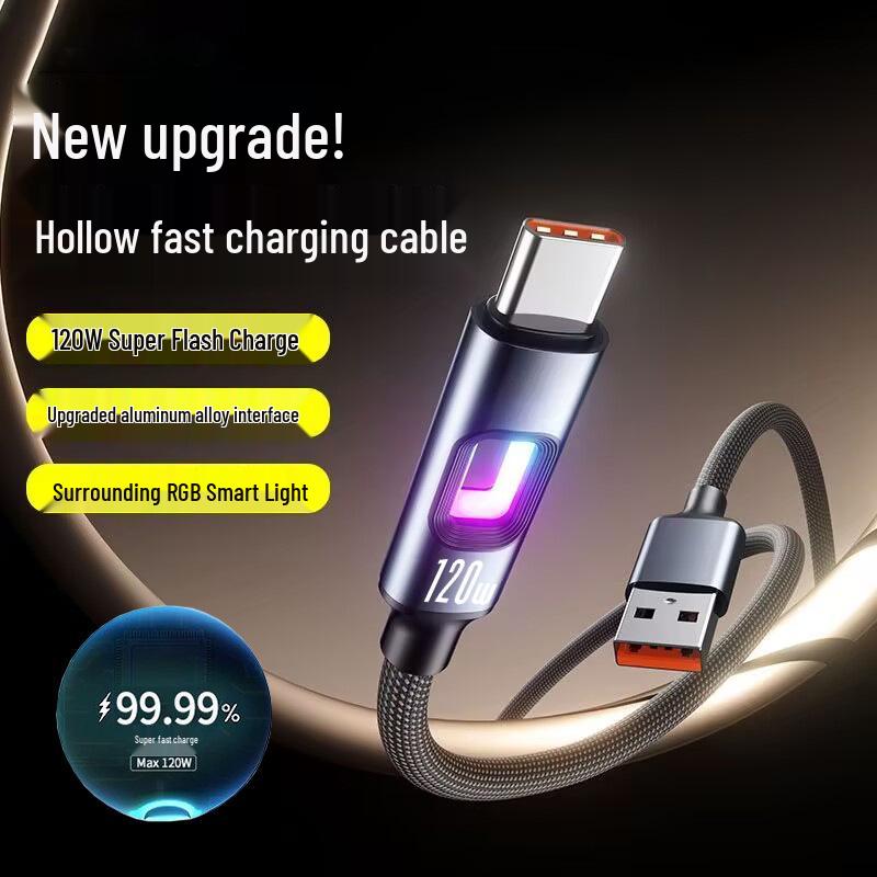 RGB Luminous 120W Fast Charging USB-C Cable for Apple 15/16 & Huawei, 6A.
