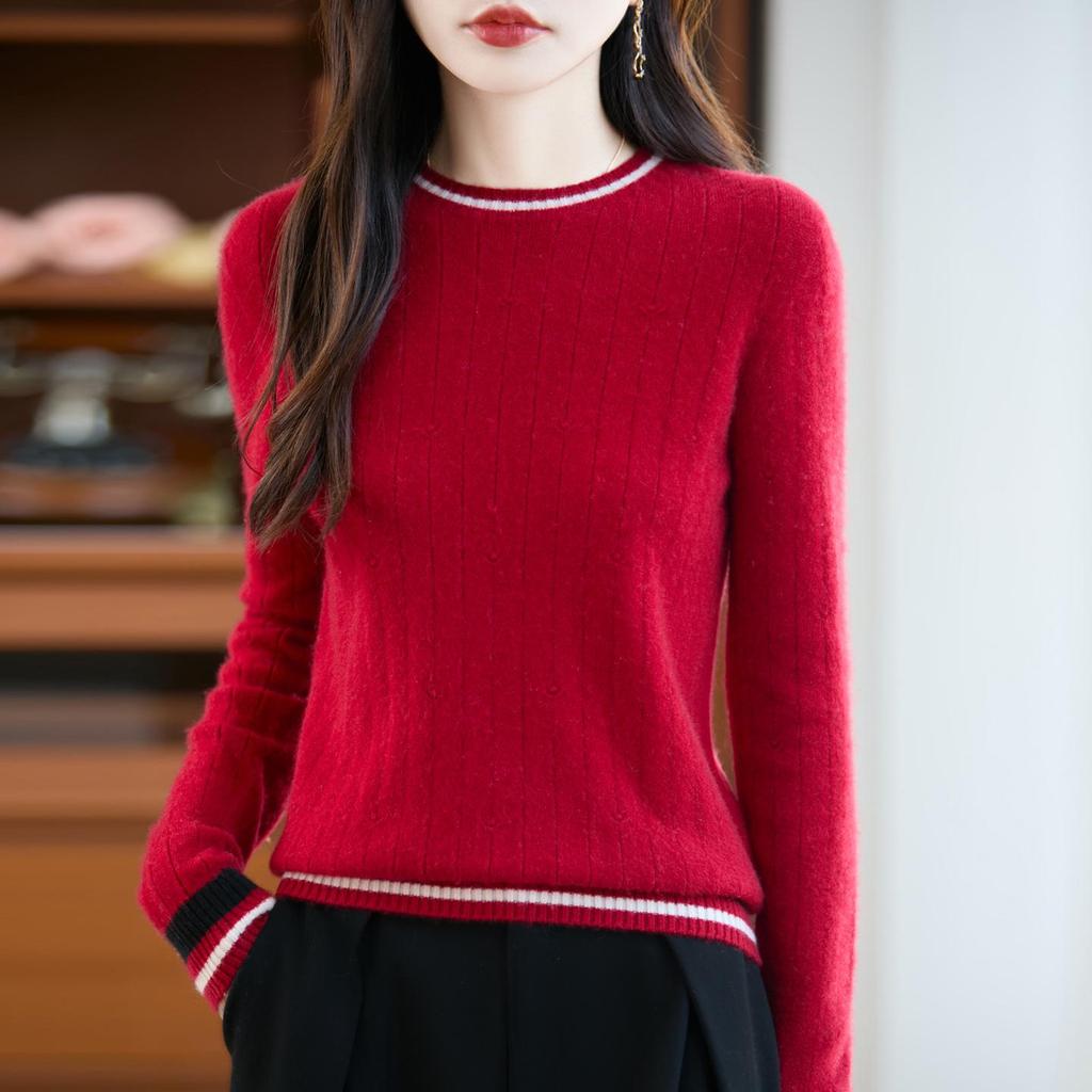 2025 Autumn Women's Pure Wool Color Block Round Neck Long Sleeve Pullover Sweater - Versatile & Fashionable