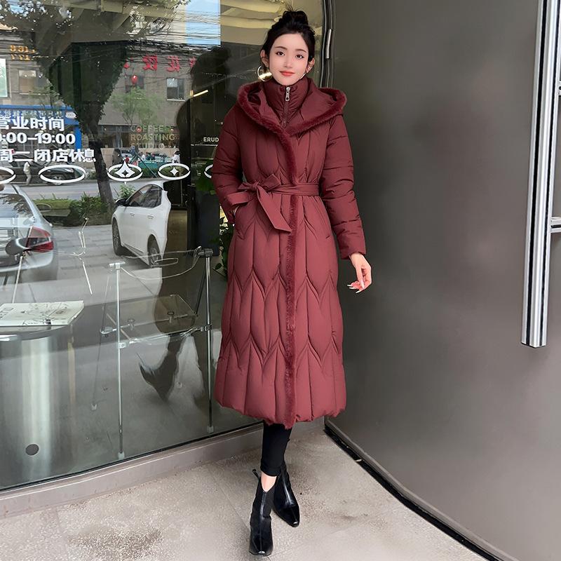 Corrugated cotton clothes women's knee-length fake two-piece hooded winter-proof clothes, top splicing temperament elegant slim-fitting large cotton-p