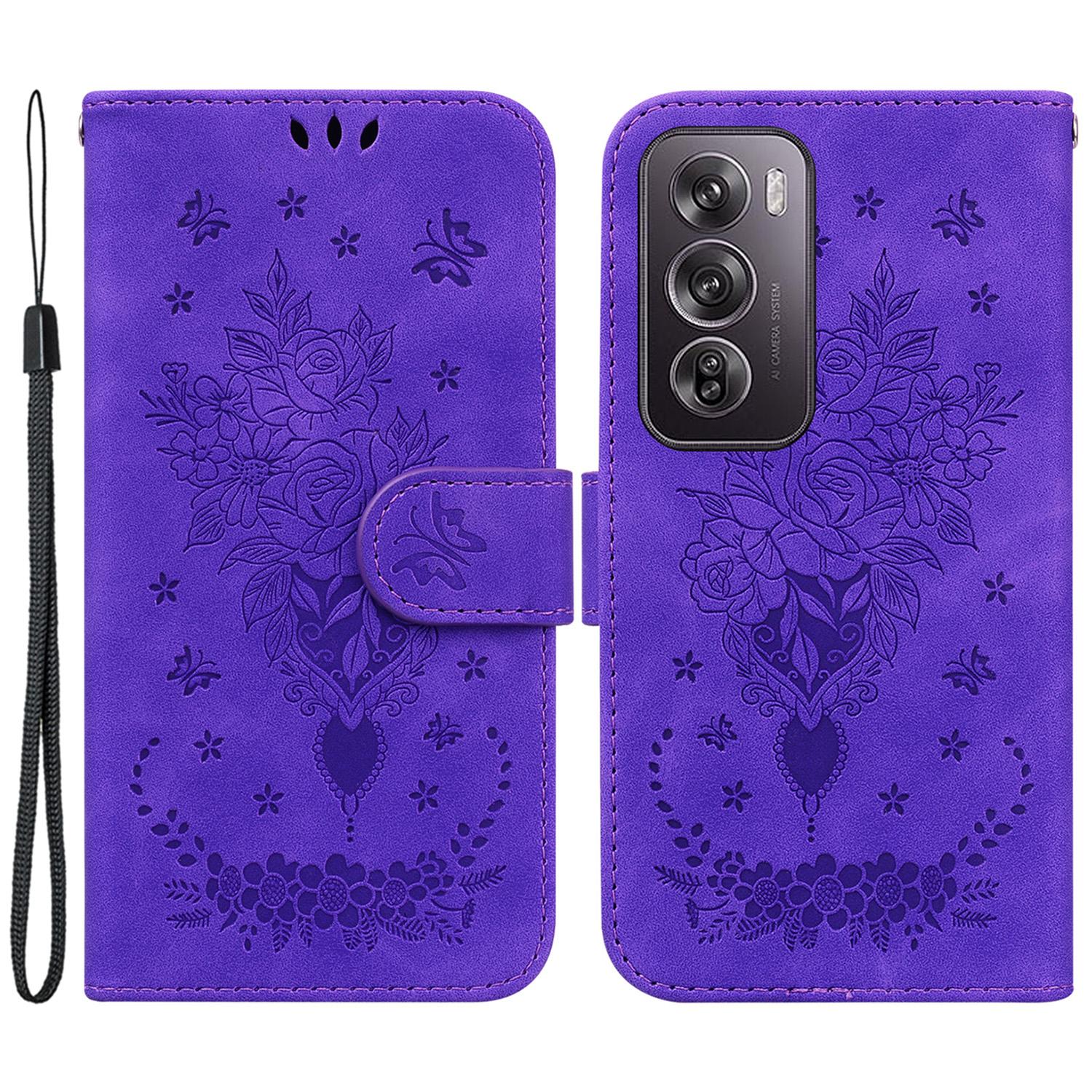 

For Oppo Reno12 Pro 5G (Global) Wallet Case PU Leather Phone Cover Butterfly Flower Imprint Purple