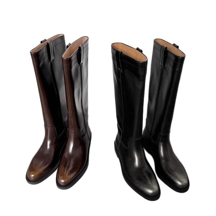 Sheepskin version~ 2025 new autumn and winter knee boots women's French retro leather thin tall knight boots