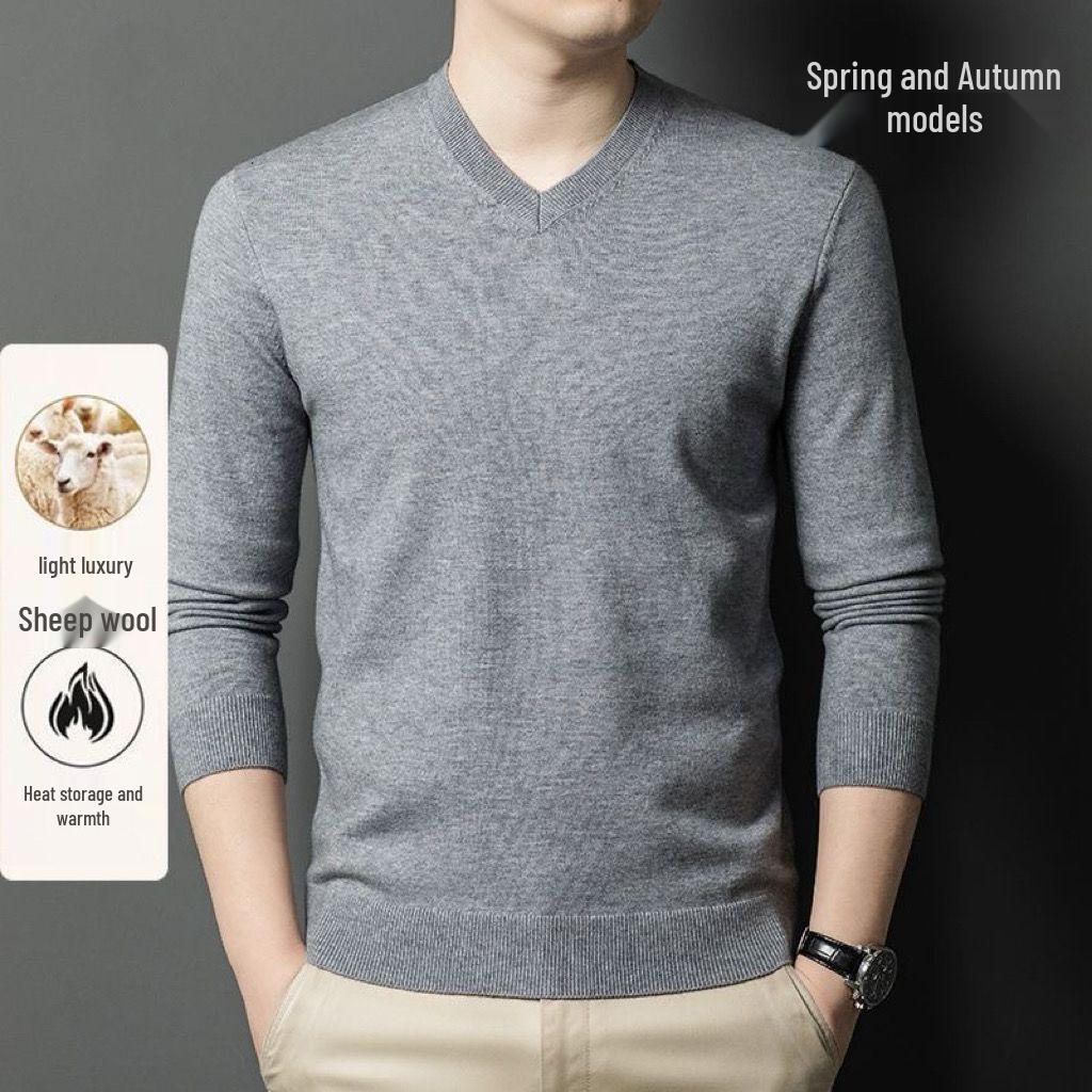 

Мужской свитер с V-образным вырезом из смесовой шерсти с длинным рукавом и трикотажная футболка с круглым вырезом - однотонные для весны и осени. XL